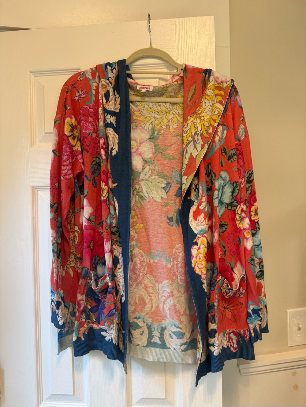 Johnny Was Hooded Cardigan Floral Cotton Pockets Medium EC1